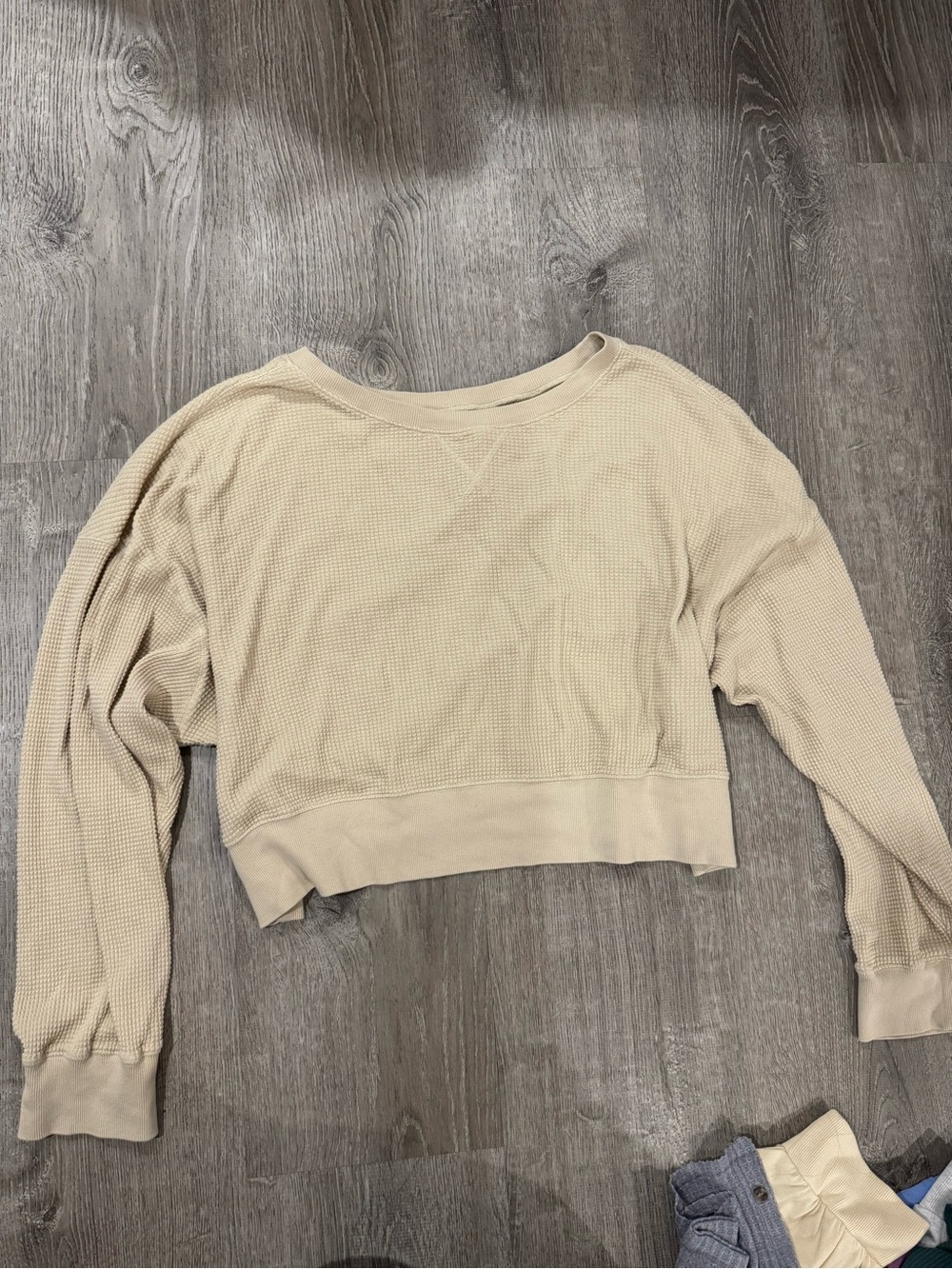 Cropped Waffle Knit Long Sleeve Shirt - Beige